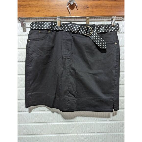 Bamboo Trader Size 14 Black Stretch Denim Skirt with Polka Dot Belt - Picture 1 of 3